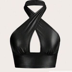 Black Faux Leather Crisscross Halter Crop Top